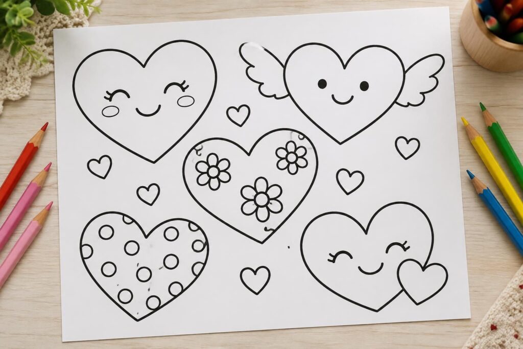 découvrez de jolis cœurs à colorier aux dessins simples, parfaits pour éveiller la créativité des petits artistes.